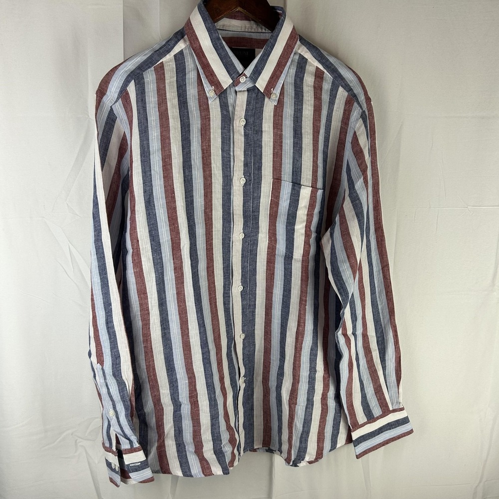 Bruni Collection Shirt Mens XL Striped Linen Button Down Long Sleeve Italy